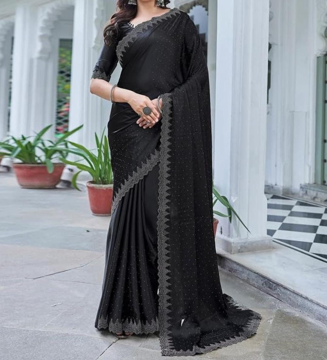 Elegant Black Women's Satin Hot Fixing Stone Work Border Saree With Blouse Piece & Free Matching Petticoat