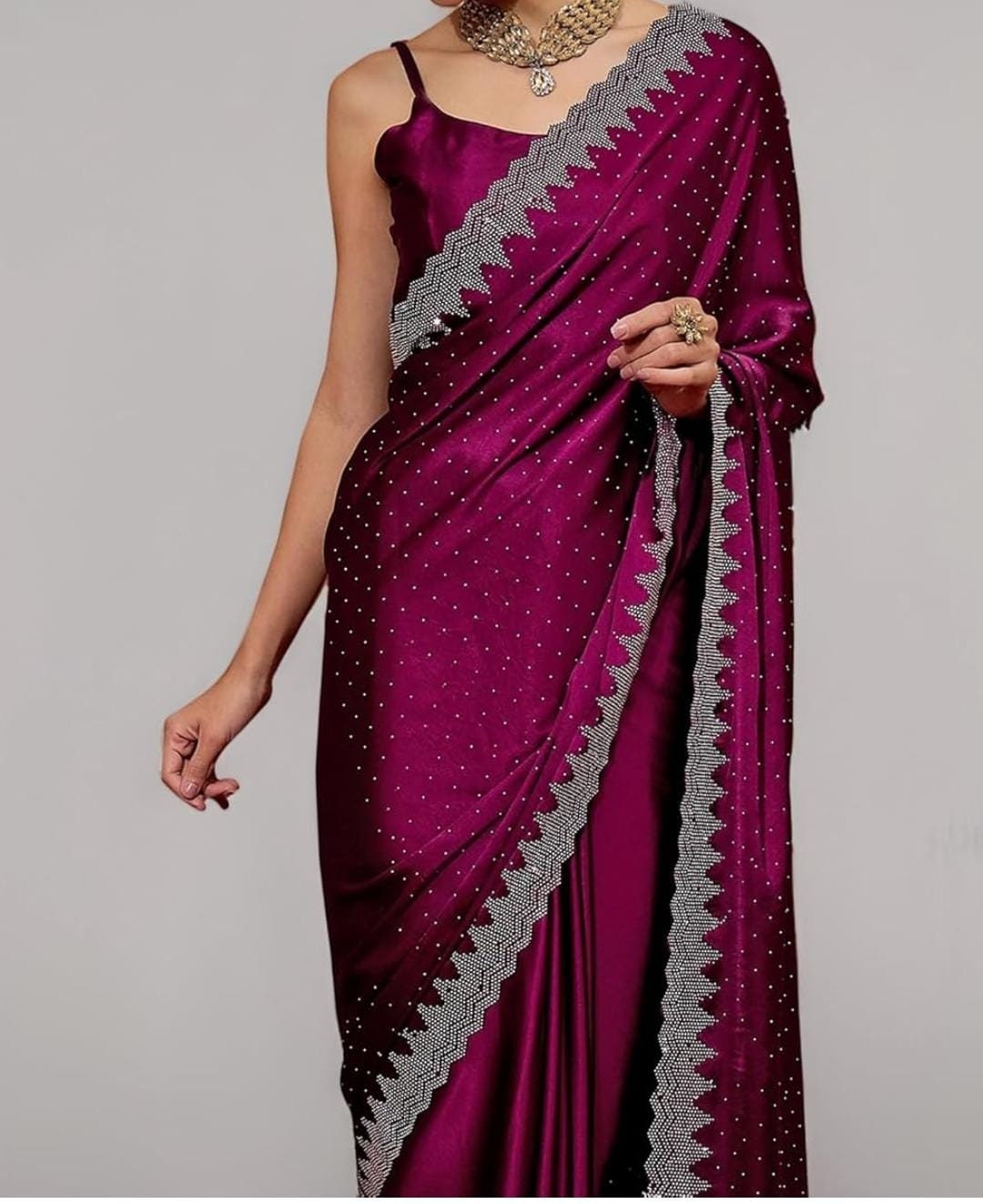 Premium Wine Satin Bollywood Saree with Self Design Embroidered Butti Work Featuring Sequined Less Border Ideal for Wedding Festive Wear