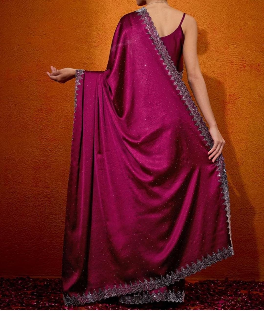 Premium Wine Satin Bollywood Saree with Self Design Embroidered Butti Work Featuring Sequined Less Border Ideal for Wedding Festive Wear