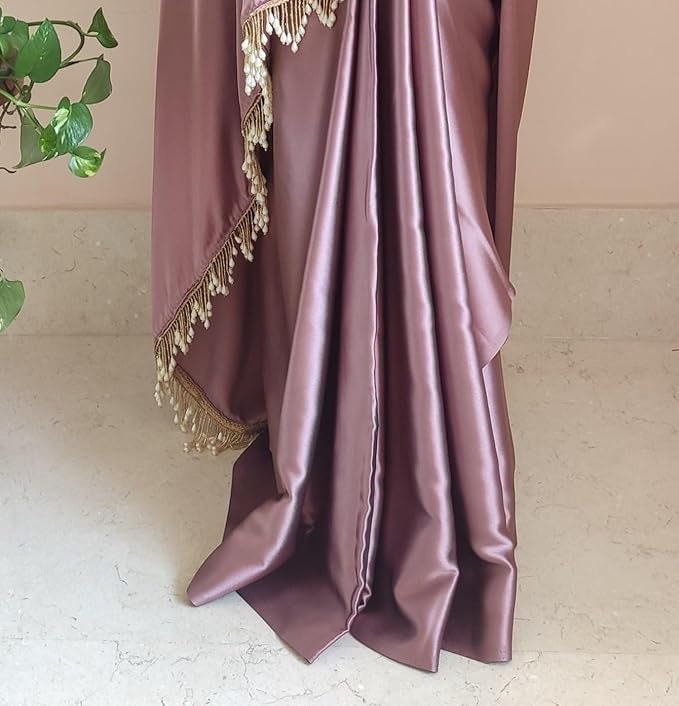 Satin Saree With Blouse | Women's Ready to Wear Rose Gold Satin Silk 1 Minute Pre Pleated Heavy Saree with Designer Hand Work Tassels