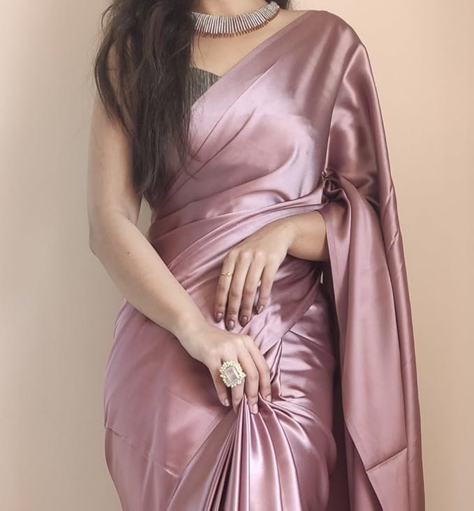 Satin Saree With Blouse | Women's Ready to Wear Rose Gold Satin Silk 1 Minute Pre Pleated Heavy Saree with Designer Hand Work Tassels