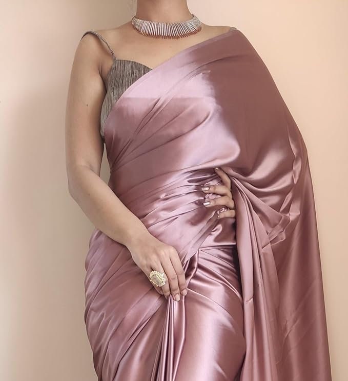 Satin Saree With Blouse | Women's Ready to Wear Rose Gold Satin Silk 1 Minute Pre Pleated Heavy Saree with Designer Hand Work Tassels