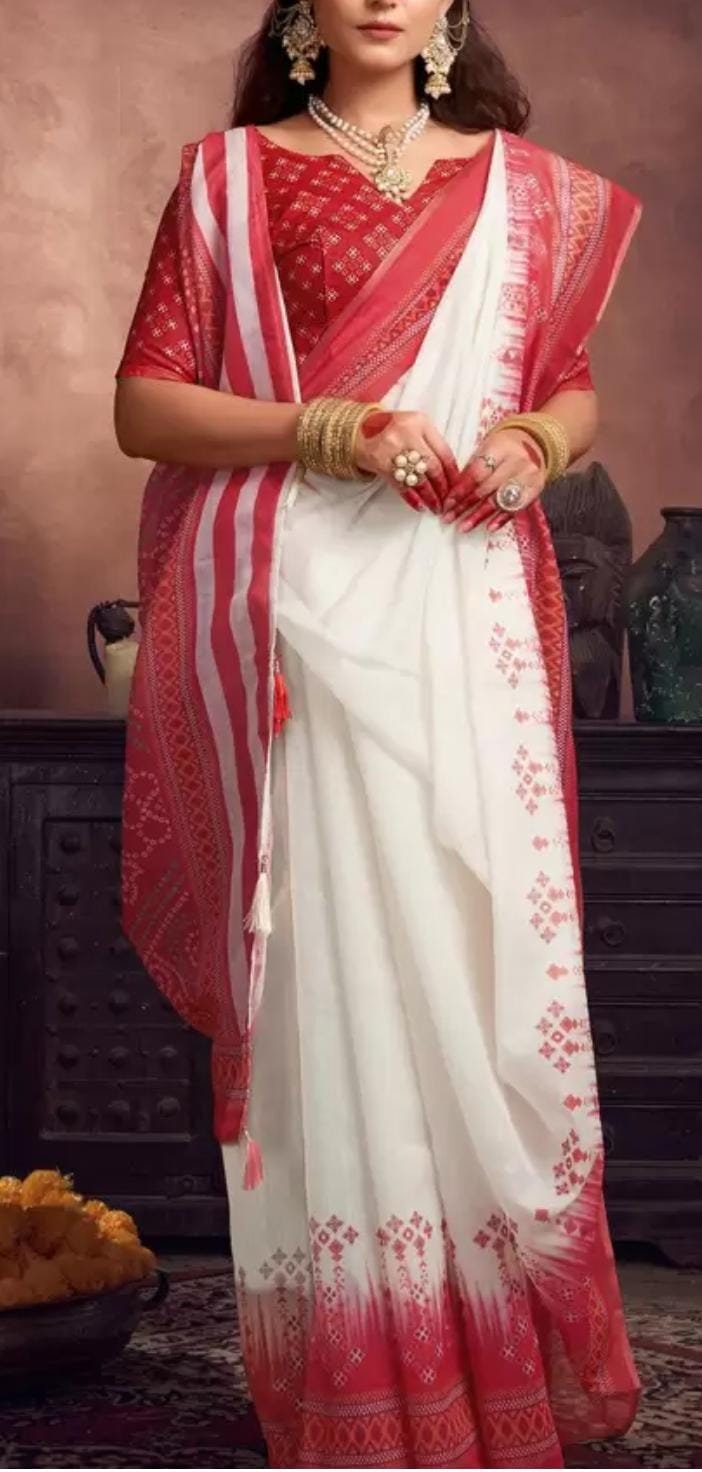 Silk Cotton Baluchari Saree, Red and white Baluchari saree, Solid saree with woven design border With Blouse piece and FREE Petticoat