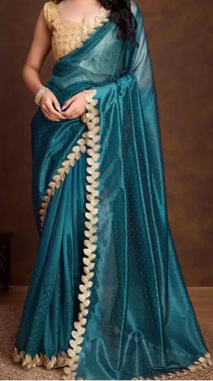 Embellished Beads and Stones Net Saree, Teal and gold-toned saree, Saree with FREE Petticoat.