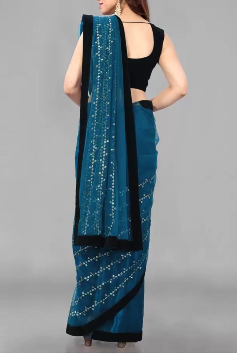 Turquoise blue saree, Embellished embroidered saree with solid border, Saree with FREE Petticoat.