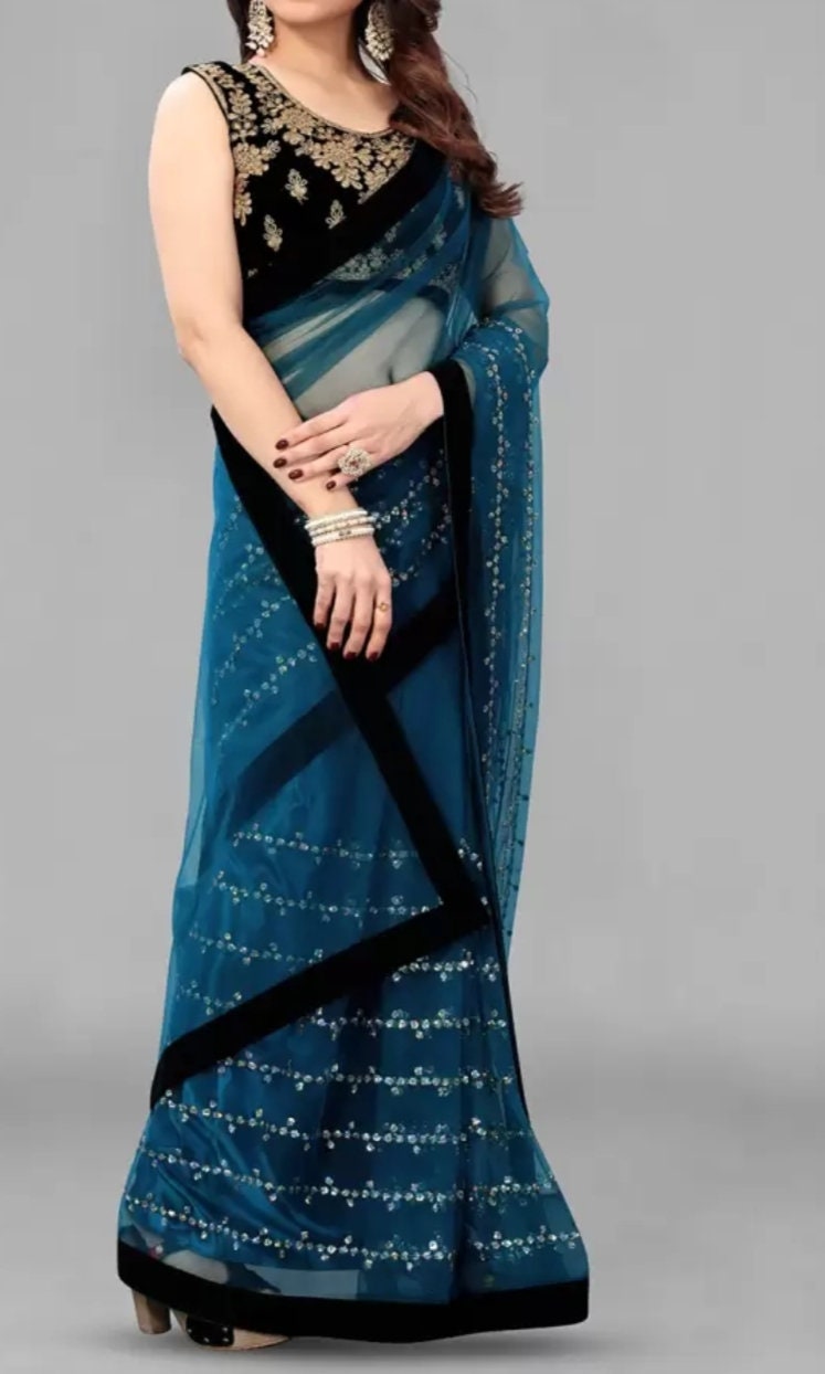 Turquoise blue saree, Embellished embroidered saree with solid border, Saree with FREE Petticoat.