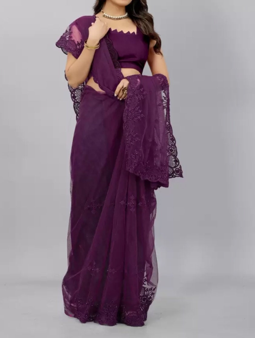Ethnic Motifs Embroidered Net Saree, Purple Net Saree, Saree with FREE Matching Petticoat.