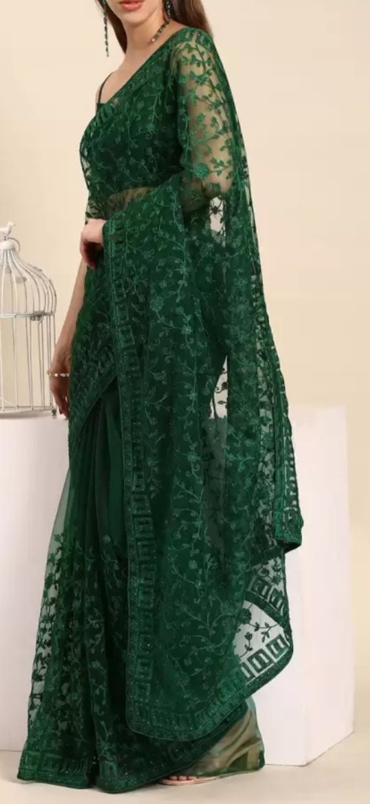 Ethnic Motif Embellished Embroidered Saree, Green Saree, Saree with FREE Matching Petticoat.