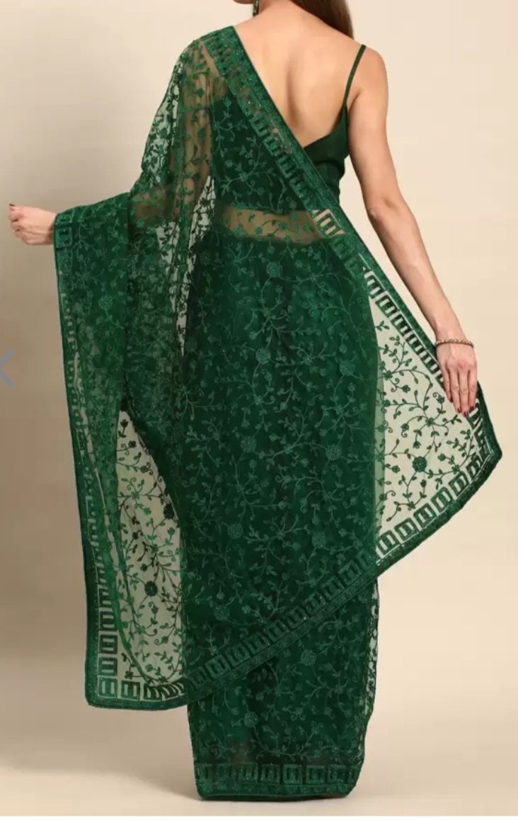 Ethnic Motif Embellished Embroidered Saree, Green Saree, Saree with FREE Matching Petticoat.