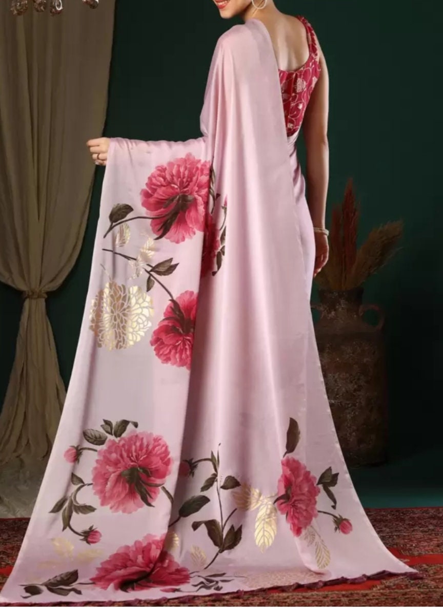 Floral Printed Pure Georgette Saree, Mauve Red and Gold-Toned saree ,Floral printed saree with no border, Saree With FREE Petticoat