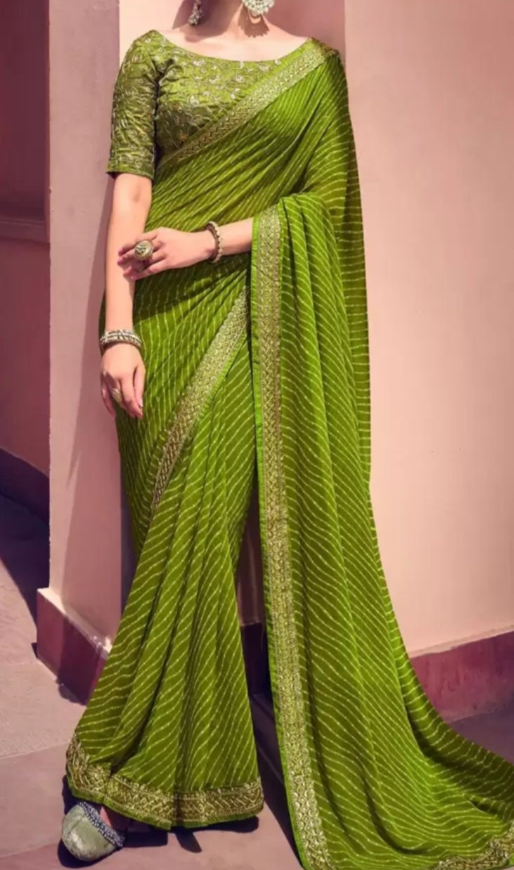 Green & White Leheriya Printed Embroidered Poly Georgette Leheriya Saree, Saree With FREE Petticoat