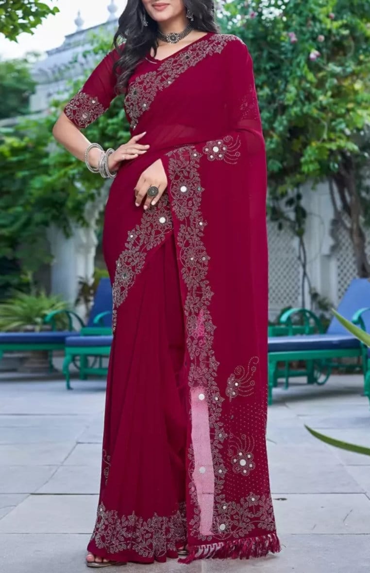 Mirror Work Pure Georgette Saree in Pink Magenta with Embroidered Border Includes Free Petticoat Ideal for Weddings Pooja Ethnic Wear
