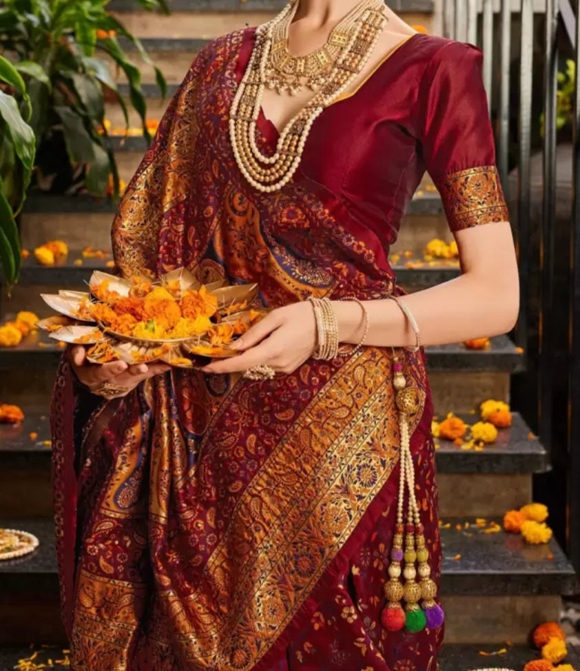 Woven Design Zari Patola Saree, Brown and Blue Patola Saree, Woven design saree with woven design border, Saree With FREE Matching Petticoat