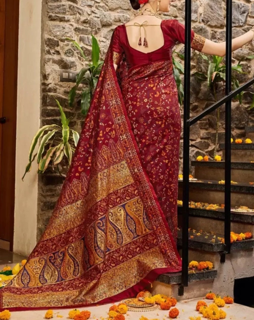 Woven Design Zari Patola Saree, Brown and Blue Patola Saree, Woven design saree with woven design border, Saree With FREE Matching Petticoat