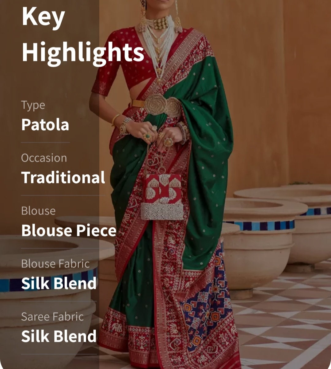 Green & Red Ethnic Motifs Woven Design Silk Blend Patola Saree, Green and red,blue patola saree, Saree With FREE Matching Petticoat