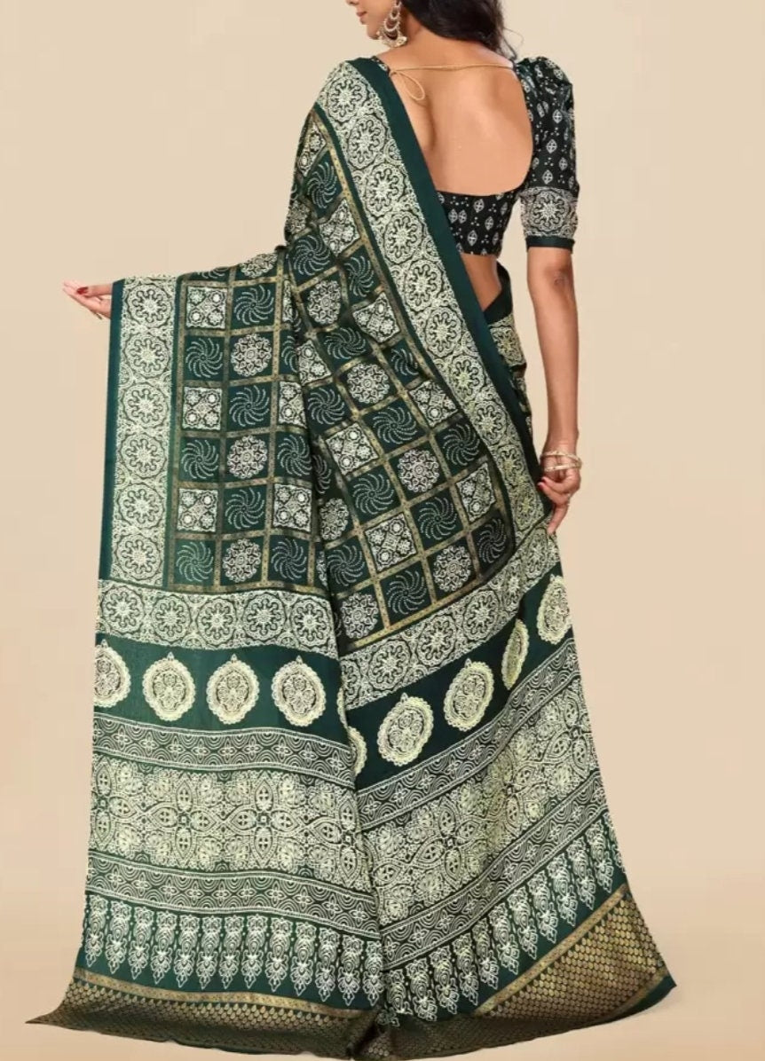 Ethnic Motifs Printed Pashmina Patola Saree, Teal and yellow patola saree, saree with printed border, Saree With FREE Matching Petticoat