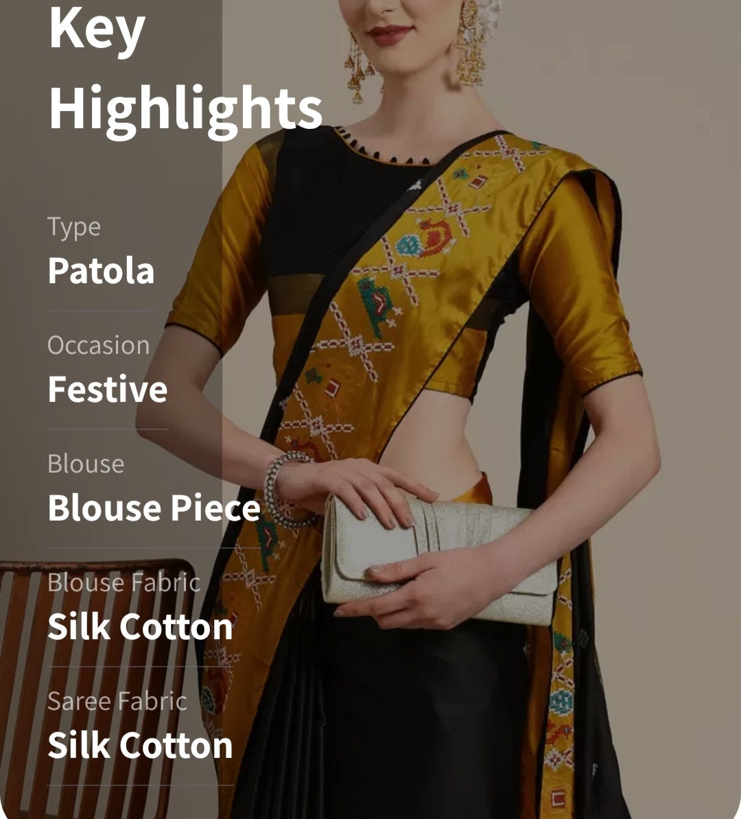 Silk Cotton Woven Design Embroidered Patola Saree With Blouse Piece, Black and Mustard Patola saree, Saree With FREE Matching Petticoat