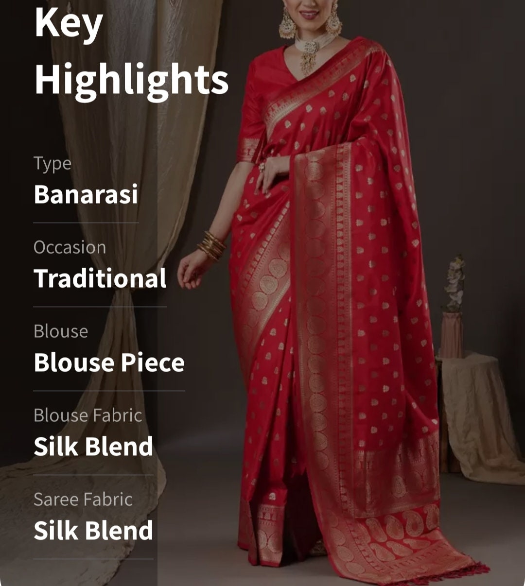 Floral Zari Banarasi Saree, Red & gold-toned banarasi saree, woven design with woven design border, Saree With FREE Matching Petticoat