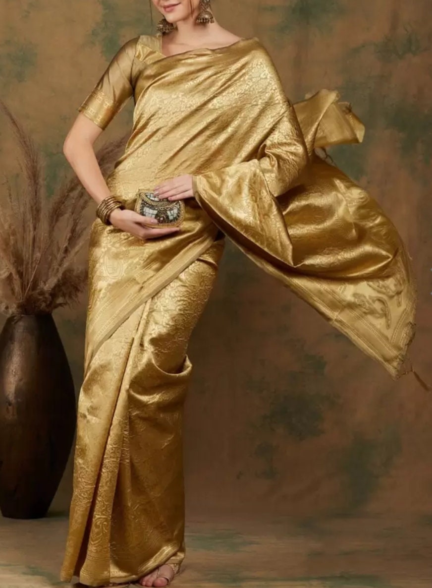 Ethnic Motif Woven-Design Banarasi Saree, Golden Banarasi saree, Saree With FREE Matching Petticoat