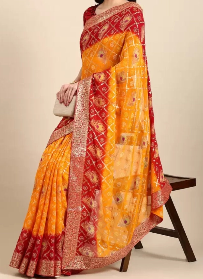 Bandhani Foil Print Beads & Stones Satin Pure Georgette Saree, With FREE Matching Petticoat