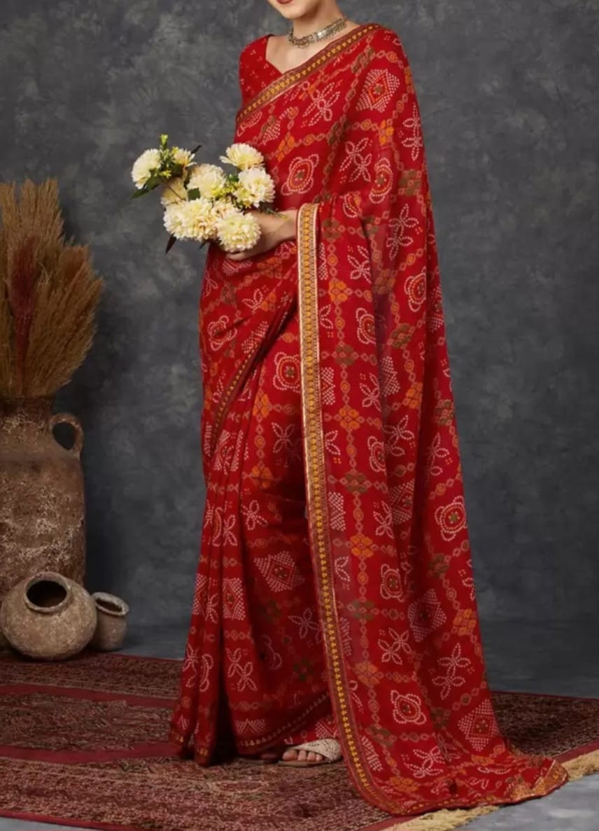 Zari Pure Georgette Sungudi Saree,Red and green sungudi saree, Geometric printed saree with embellished border, With FREE Matching Petticoat