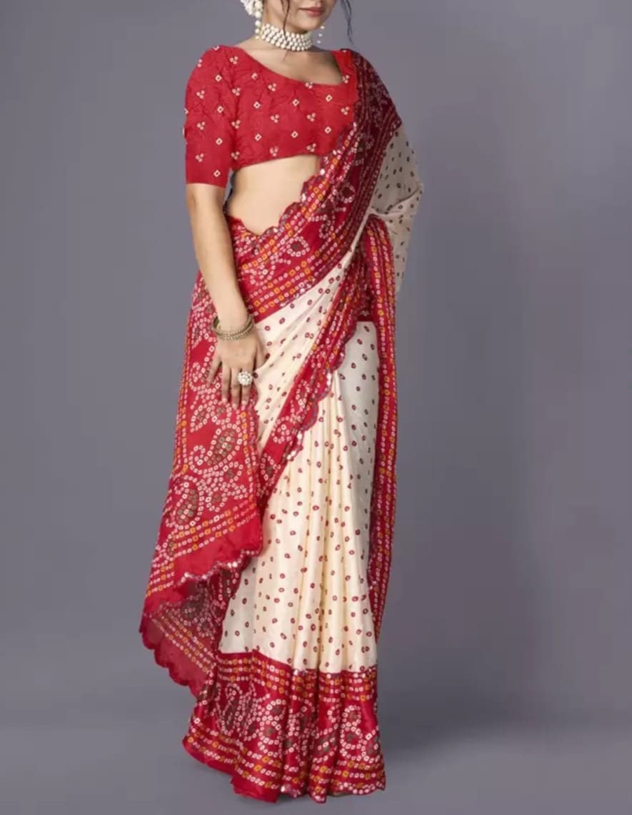 Bandhani Art Silk Saree, Cream and red saree, Bandhani printed saree with embellished border,With FREE Matching Petticoat
