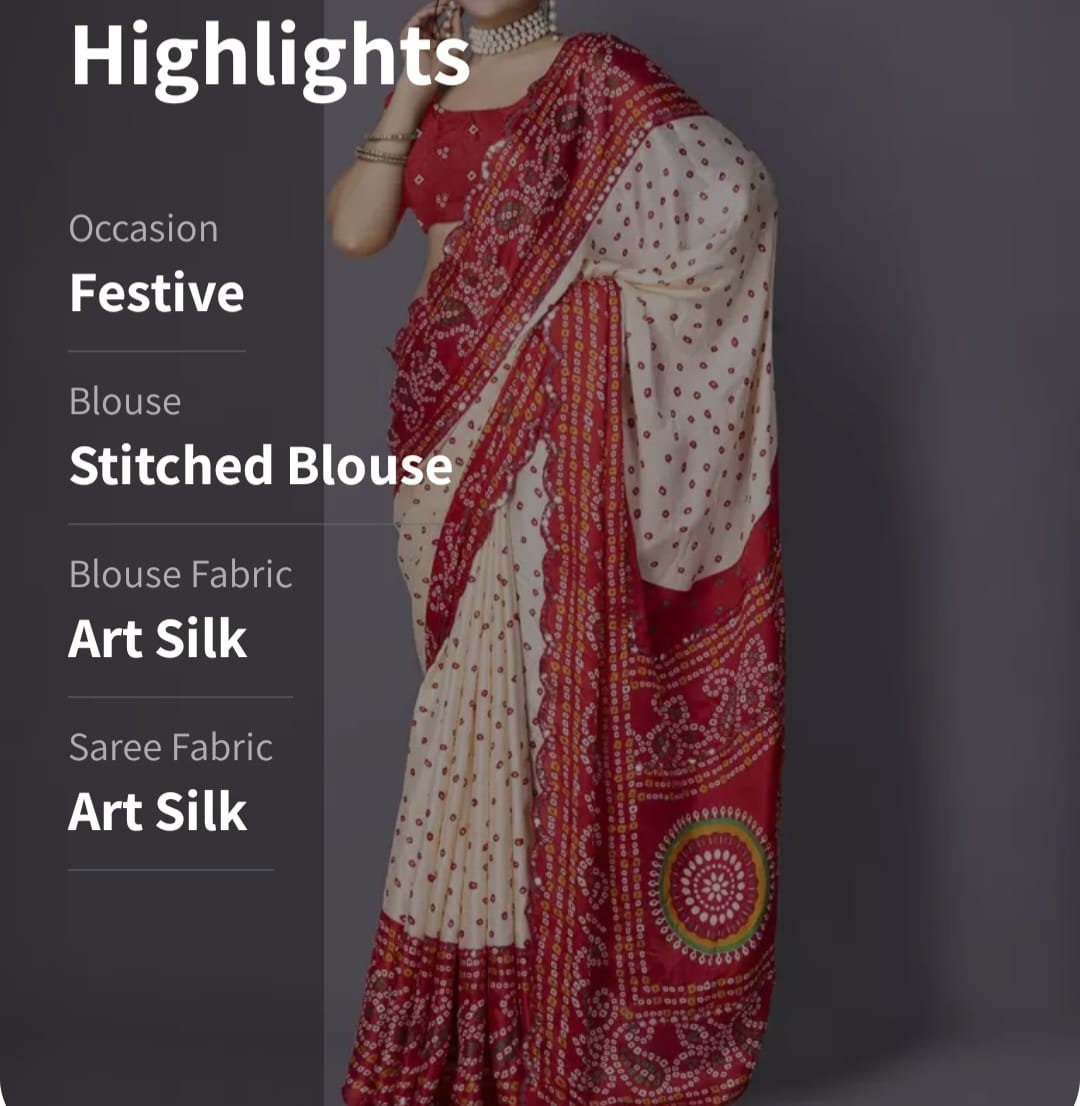 Bandhani Art Silk Saree, Cream and red saree, Bandhani printed saree with embellished border,With FREE Matching Petticoat
