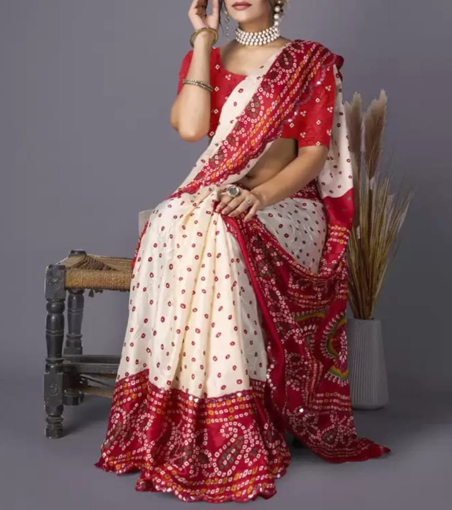 Bandhani Art Silk Saree, Cream and red saree, Bandhani printed saree with embellished border,With FREE Matching Petticoat