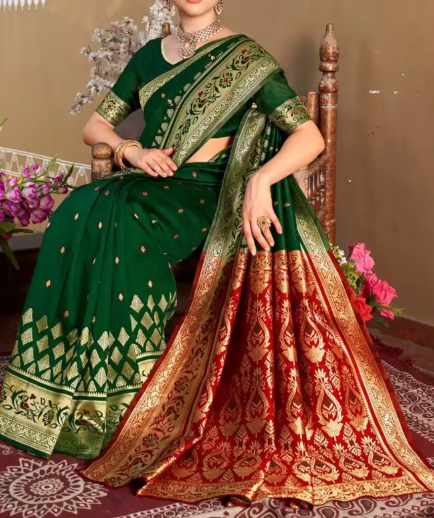 Green Red Woven Design Zari Art Silk Chanderi Sari Elegant Bridal Indian Festive Saree Silk Blend Banarasi Style Saree Woven Border Gift Set