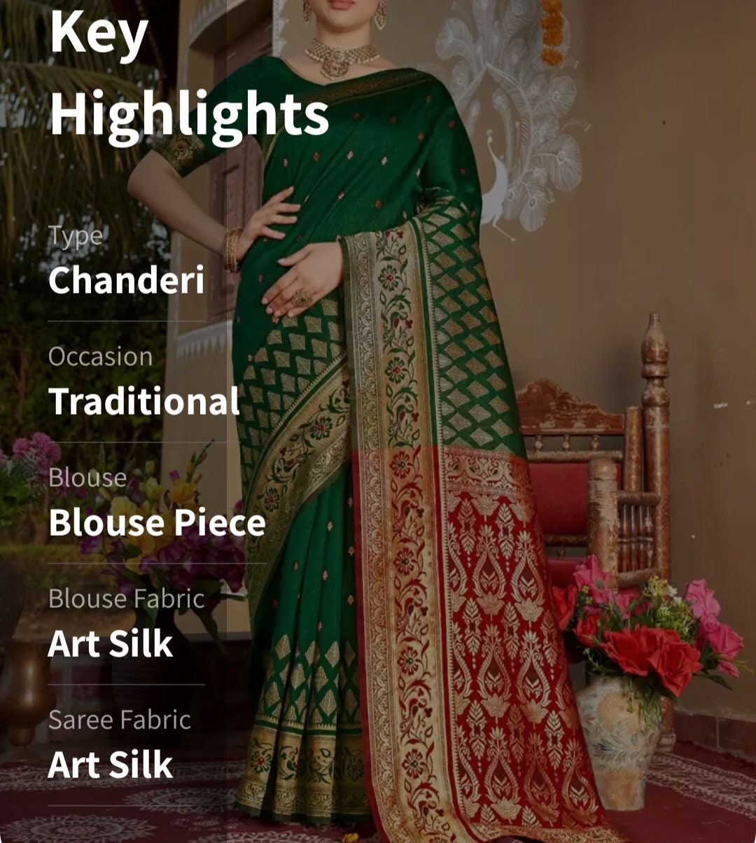 Green Red Woven Design Zari Art Silk Chanderi Sari Elegant Bridal Indian Festive Saree Silk Blend Banarasi Style Saree Woven Border Gift Set