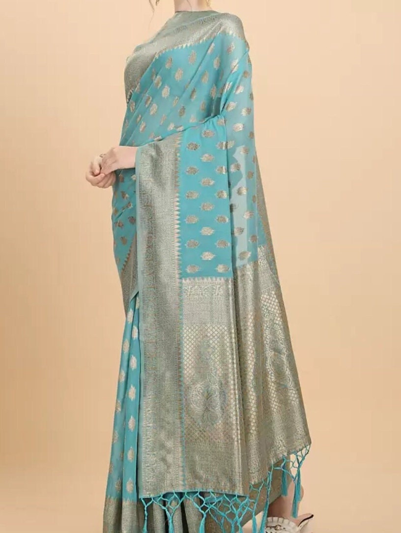 Blue Gold Toned Woven Design Chanderi Cotton Saree Elegant Zari Border Bridal Wear Saree Indian Festivals Puja Gift Set Banarasi Style Sari