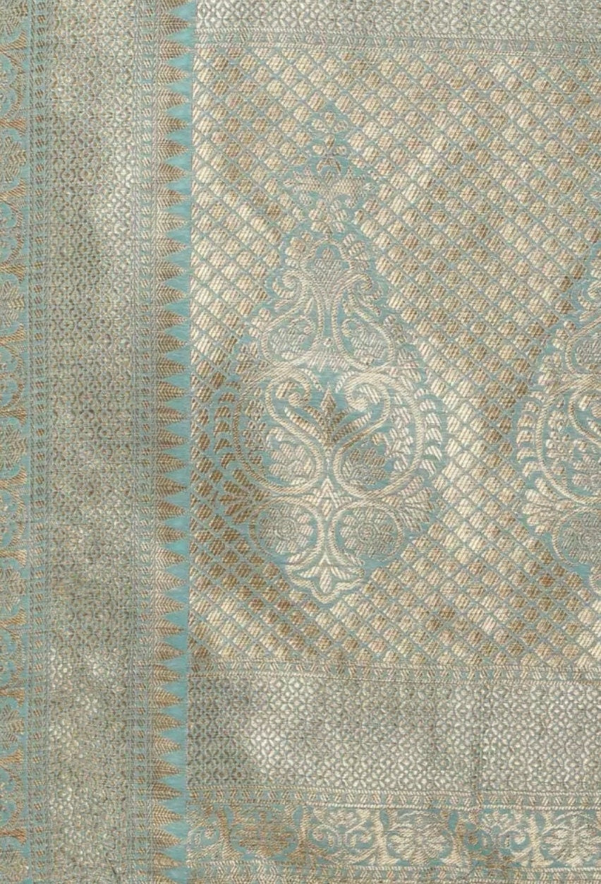 Blue Gold Toned Woven Design Chanderi Cotton Saree Elegant Zari Border Bridal Wear Saree Indian Festivals Puja Gift Set Banarasi Style Sari