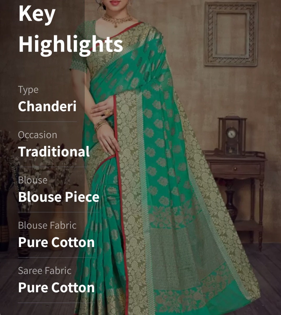 Green Gold Toned Woven Design Zari Pure Cotton Chanderi Saree Elegant Bridal Party Wear Saree Heavy Work Zari Border Sari Gift Set for Puja