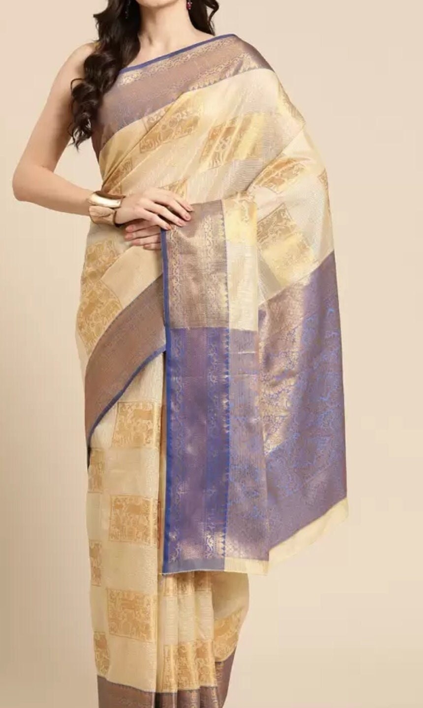 Beige Gold Ethnic Motifs Zari Jute Silk Tussar Saree Perfect for Designer Ethnic Wedding Partywear Handloom Boutique Festive Bridal Occasion