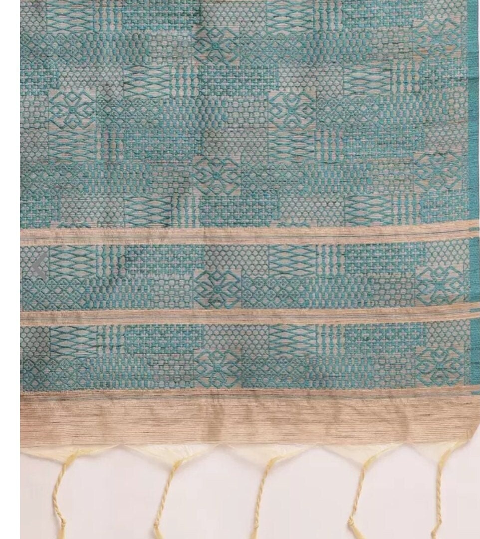 Sea Green Beige Embellished Zari Jute Silk Tussar Saree with Woven Design Border Ethnic Wedding Partywear Handloom Boutique Festive Bridal