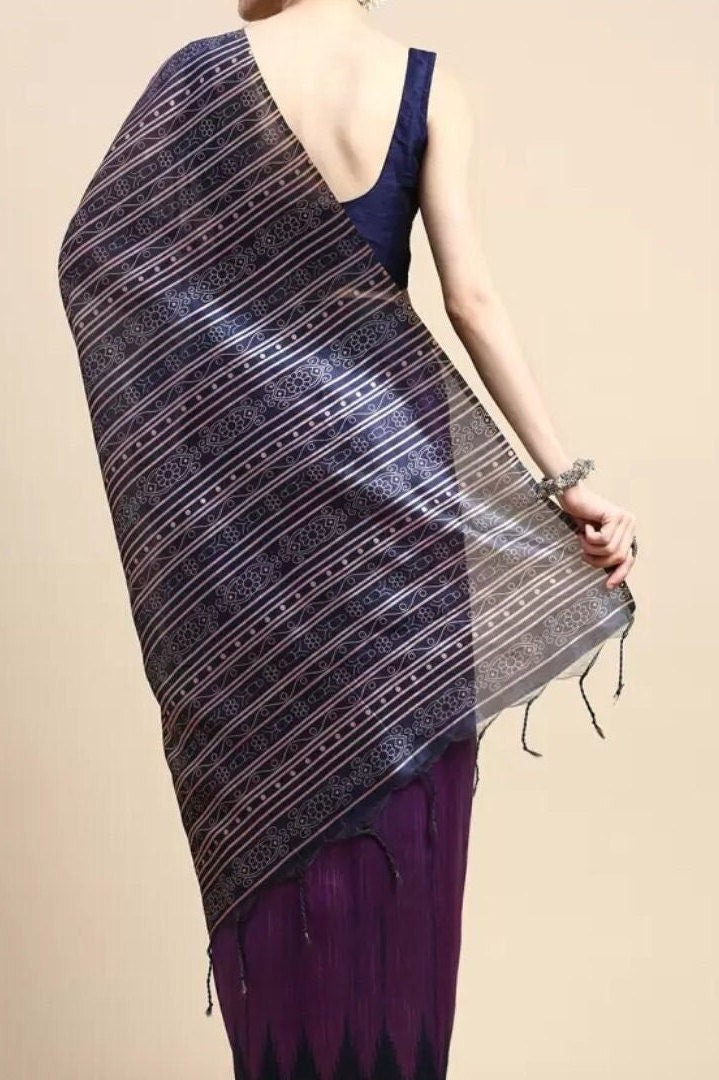 Purple Navy Blue Woven Design Jute Silk Tussar Saree with Elegant Woven Border Silk Ethnic Wedding Partywear Festive and Bridal Occasions