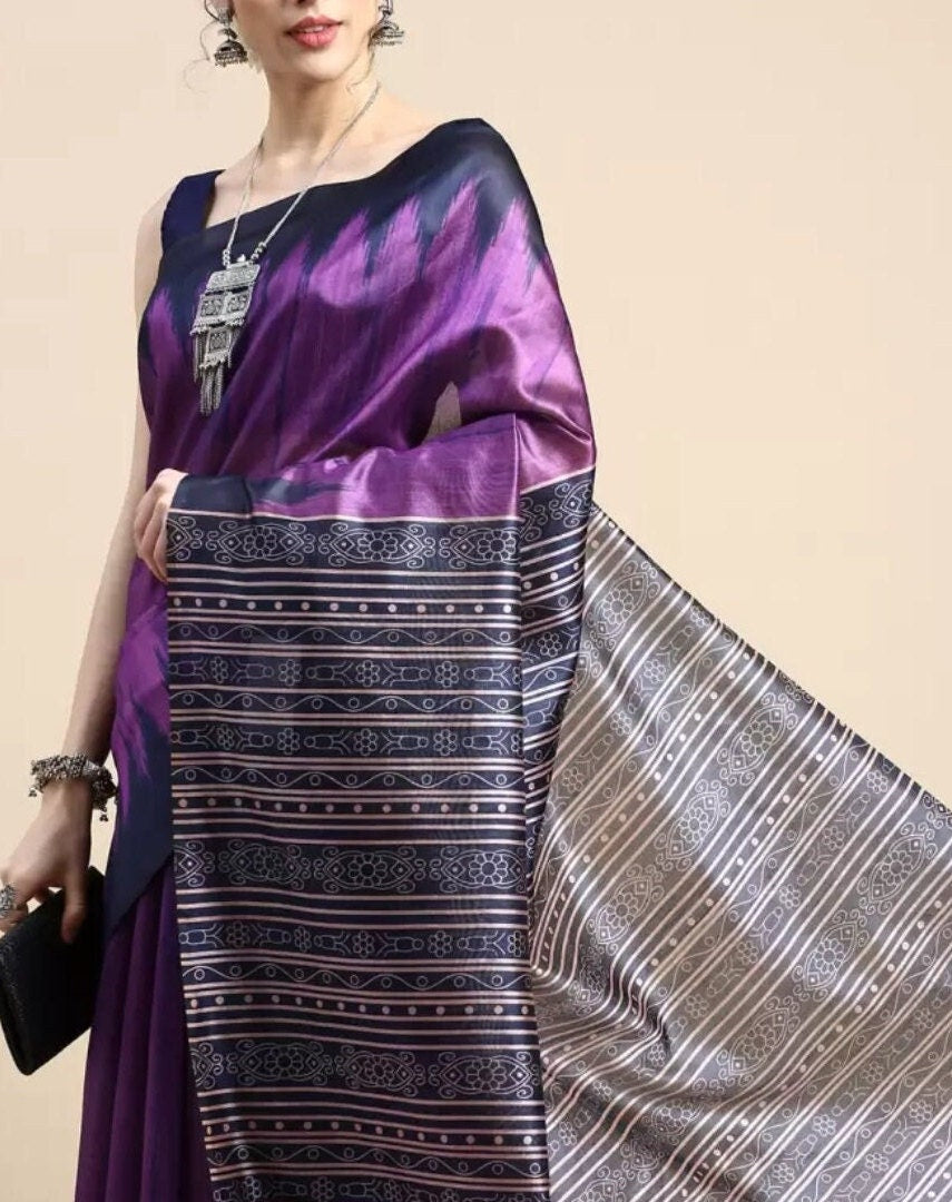 Purple Navy Blue Woven Design Jute Silk Tussar Saree with Elegant Woven Border Silk Ethnic Wedding Partywear Festive and Bridal Occasions