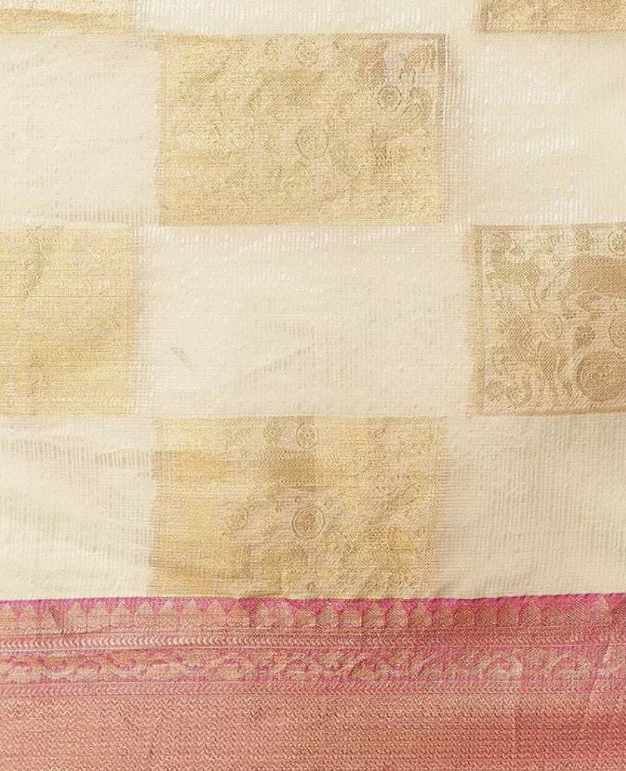 Beige Pink Woven Design Zari Jute Silk Tussar Sari with Geometric Pattern Zari Border Tussar Silk Ethnic Wedding Partywear Festive Occasions