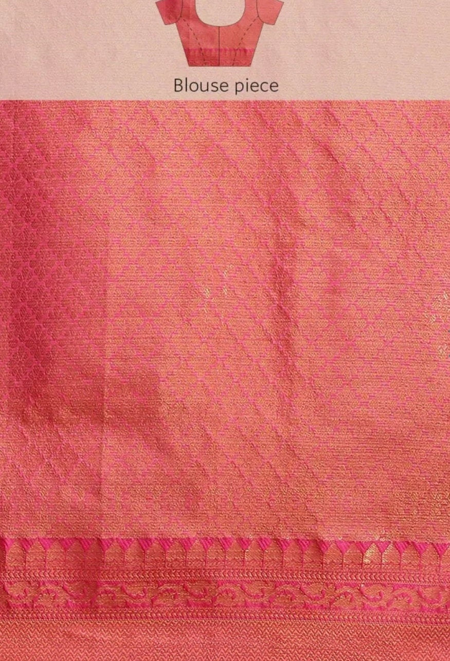 Beige Pink Woven Design Zari Jute Silk Tussar Sari with Geometric Pattern Zari Border Tussar Silk Ethnic Wedding Partywear Festive Occasions