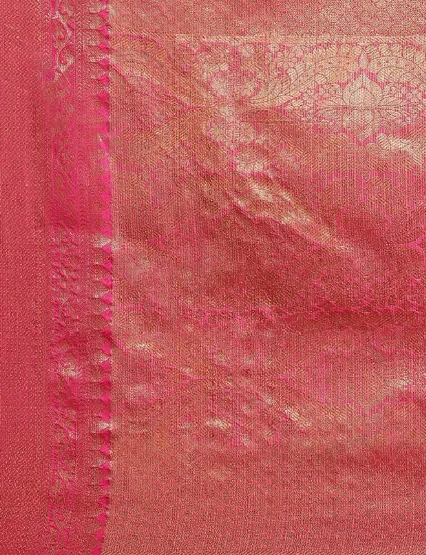 Beige Pink Woven Design Zari Jute Silk Tussar Sari with Geometric Pattern Zari Border Tussar Silk Ethnic Wedding Partywear Festive Occasions