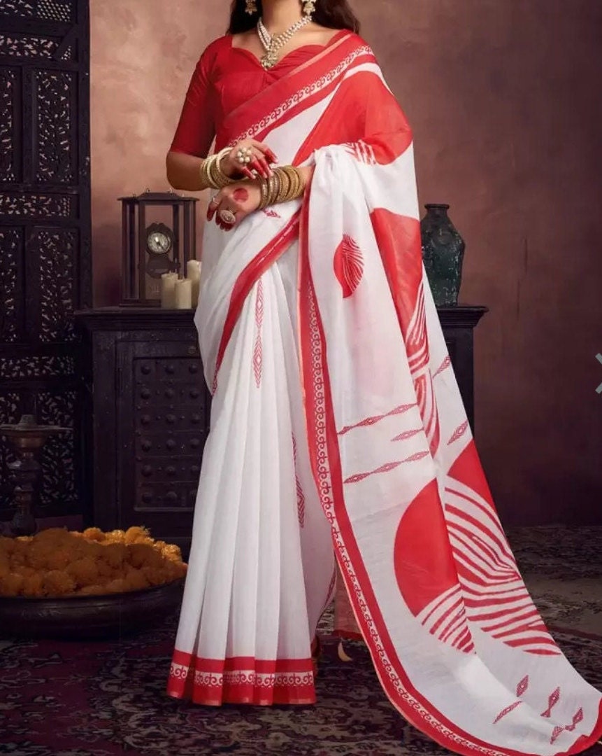 Ethnic Motifs Designer Baluchari Saree in Red White with Printed Border Ideal for Bohemian Style Indian Sari Wedding Guest Festive Occasions