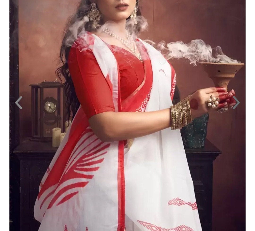 Ethnic Motifs Designer Baluchari Saree in Red White with Printed Border Ideal for Bohemian Style Indian Sari Wedding Guest Festive Occasions