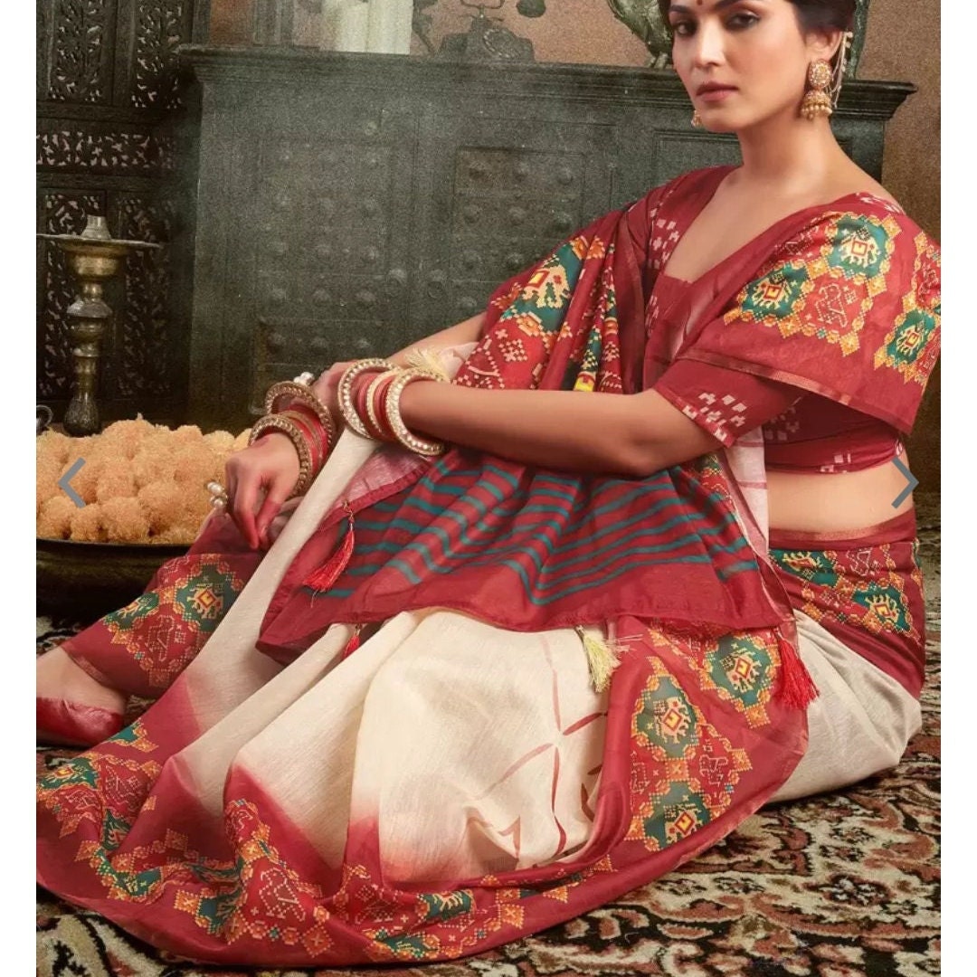 Maroon White Baluchari Saree with Ethnic Motifs Printed Border Bohemian Style Wedding Guest Partywear Festive Occasions Indian Saree for USA