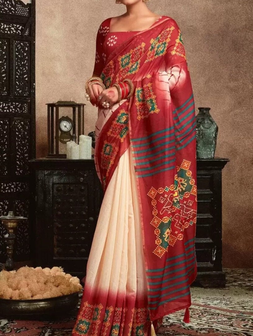Maroon White Baluchari Saree with Ethnic Motifs Printed Border Bohemian Style Wedding Guest Partywear Festive Occasions Indian Saree for USA