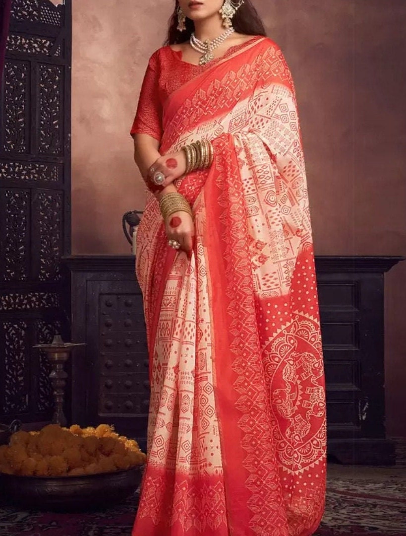 Red White Baluchari Saree Ethnic Motifs Printed Border Ideal Bohemian Style Wedding Guest Partywear Festive Occasions Indian Saree for USA
