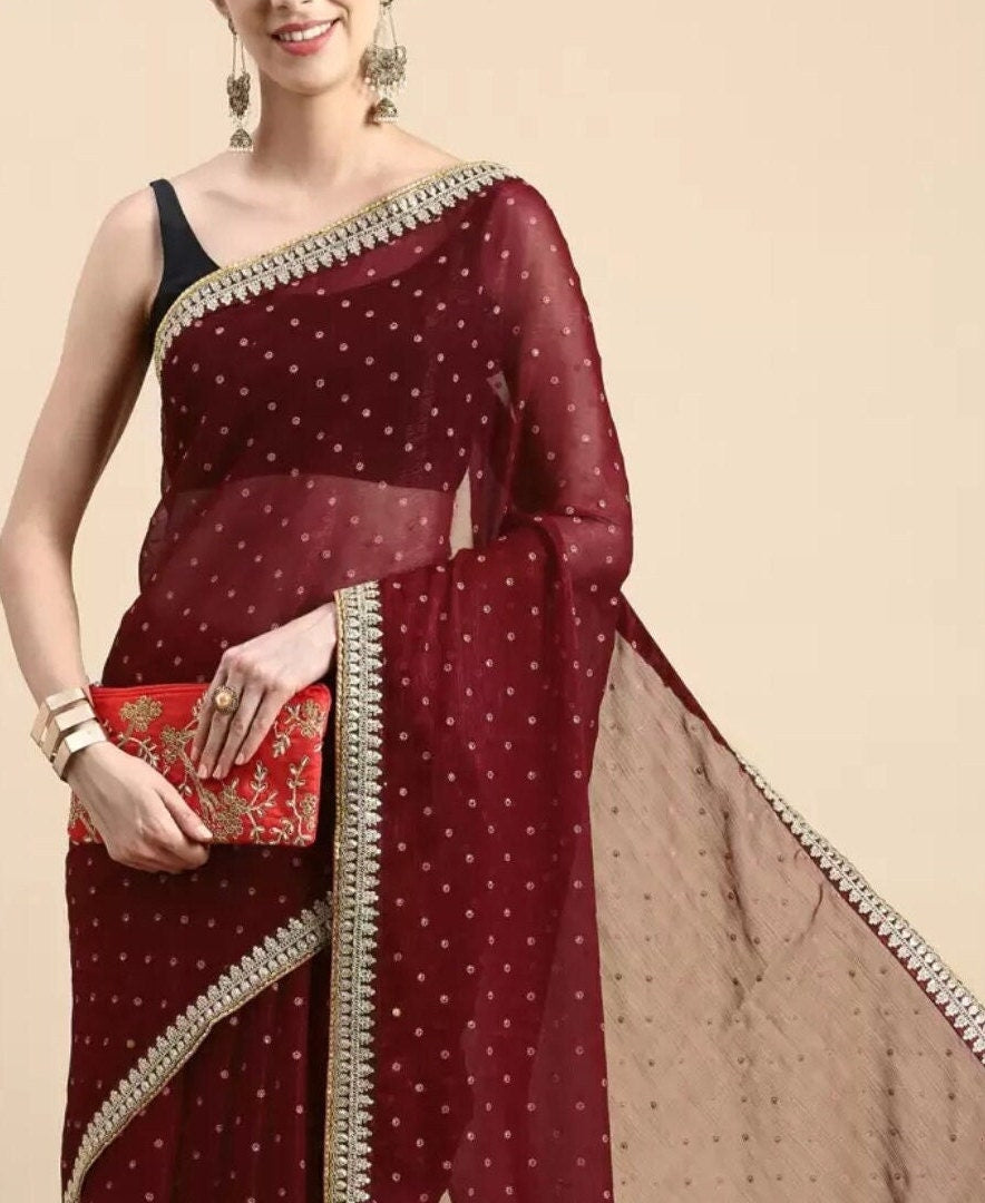 Maroon Floral Zari Poly Chiffon Saree with Embroidered Woven Design Border Perfect for Pooja Wear Partywear Wedding Guest Festive Occasions