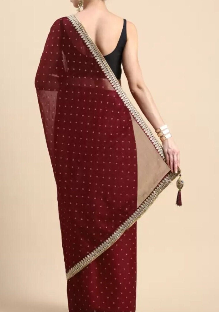 Maroon Floral Zari Poly Chiffon Saree with Embroidered Woven Design Border Perfect for Pooja Wear Partywear Wedding Guest Festive Occasions