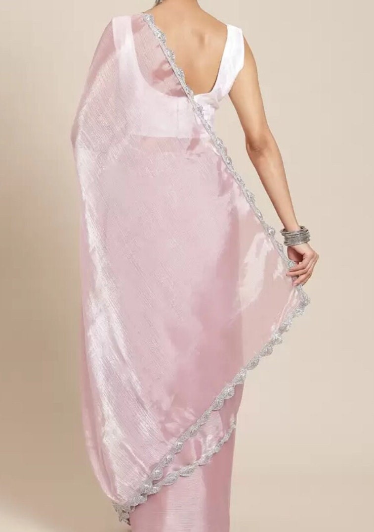 Elegant Pink Solid Embellished Border Saree in Pink Silver Tones with FREE Matching Petticoat best for Pooja Wear Partywear Festive Occasion