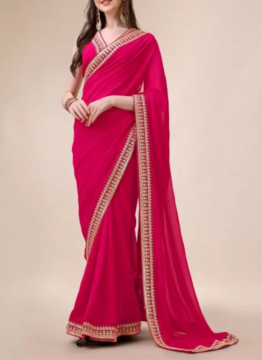 Magenta Embroidered Saree with Blouse Elegant Embroidered Border and FREE Matching Petticoat Ideal for Weddings and Special Occasions