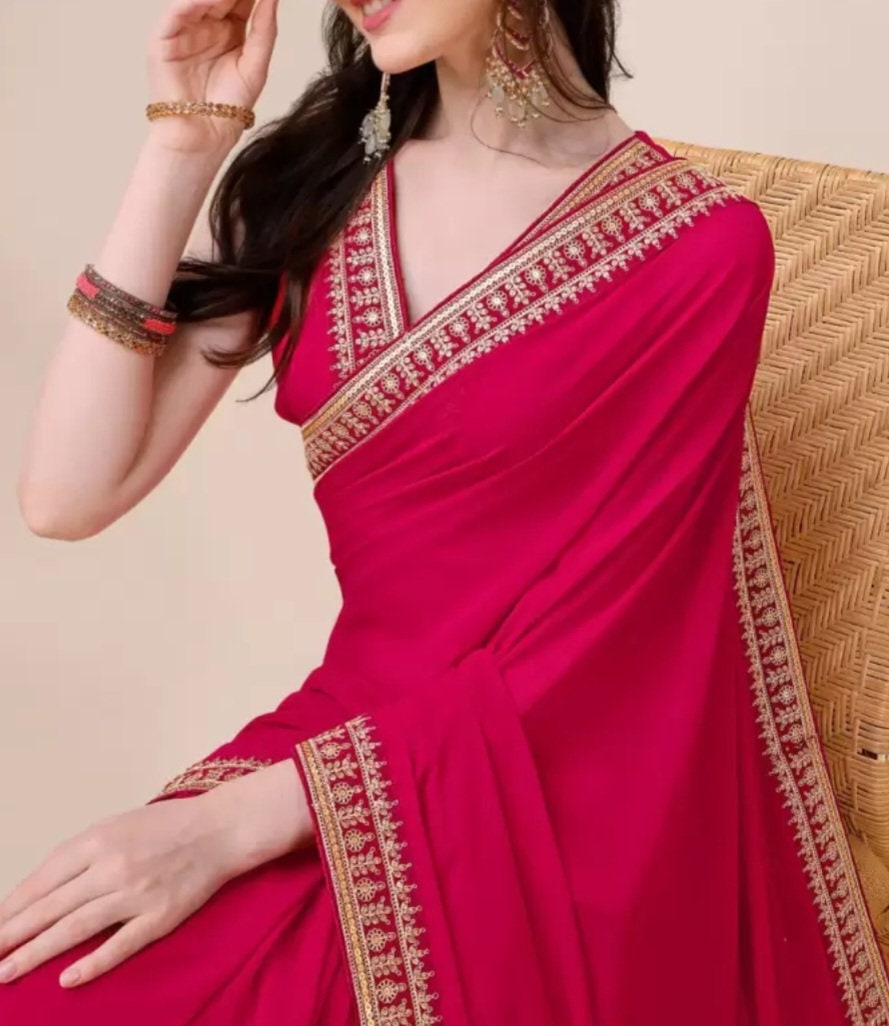 Magenta Embroidered Saree with Blouse Elegant Embroidered Border and FREE Matching Petticoat Ideal for Weddings and Special Occasions